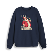 navy christmas sweater with a graphic of santa drinking a beer and the slogan 'lets get ho ho hammered'
