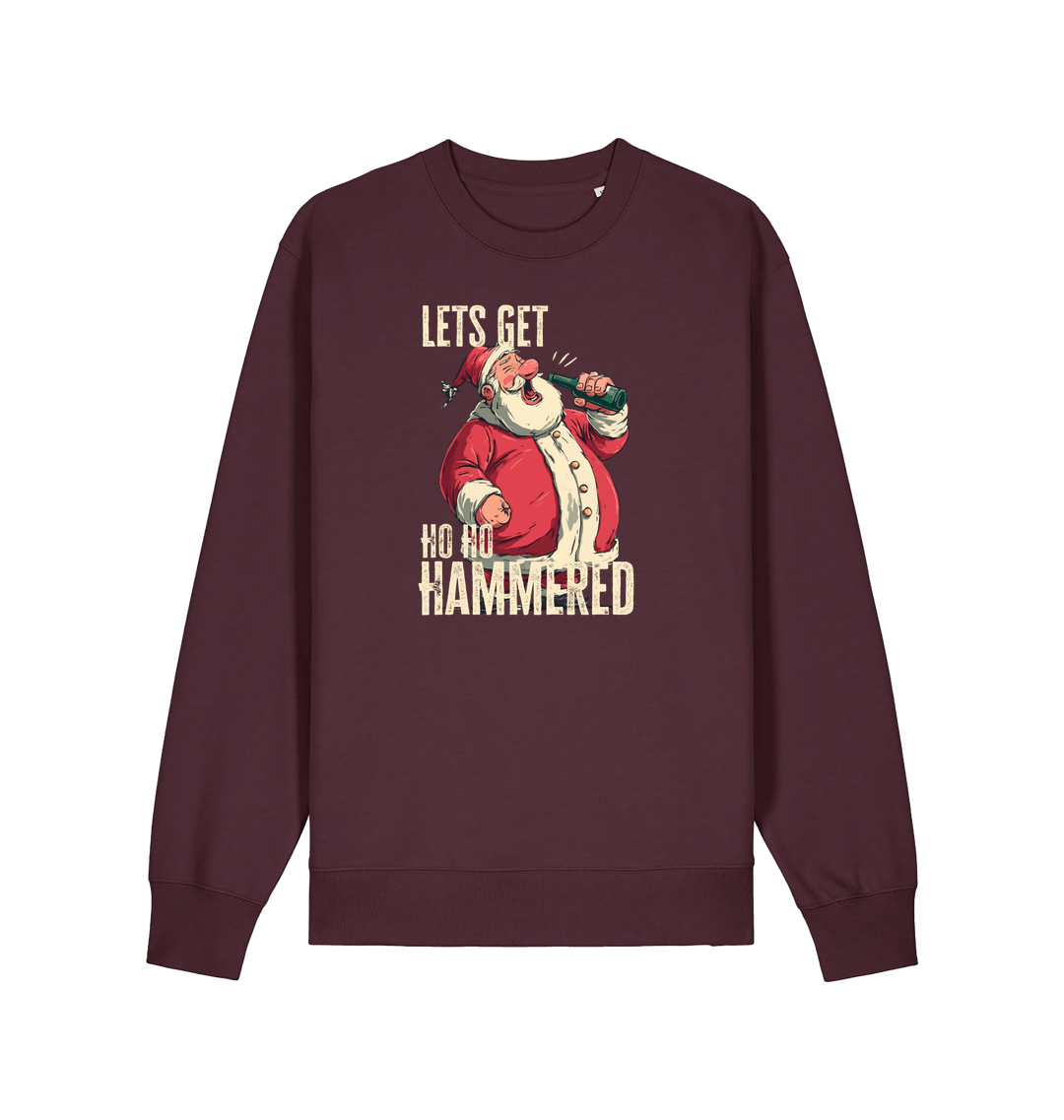 red brown christmas sweater with a graphic of santa drinking a beer and the slogan 'lets get ho ho hammered'