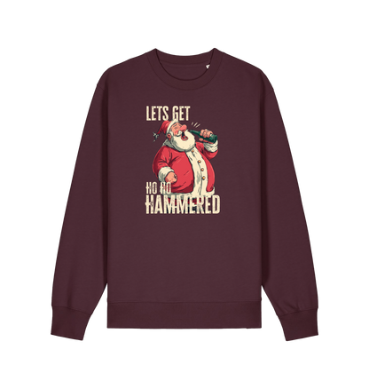 red brown christmas sweater with a graphic of santa drinking a beer and the slogan 'lets get ho ho hammered'