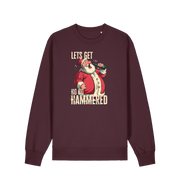 red brown christmas sweater with a graphic of santa drinking a beer and the slogan 'lets get ho ho hammered'