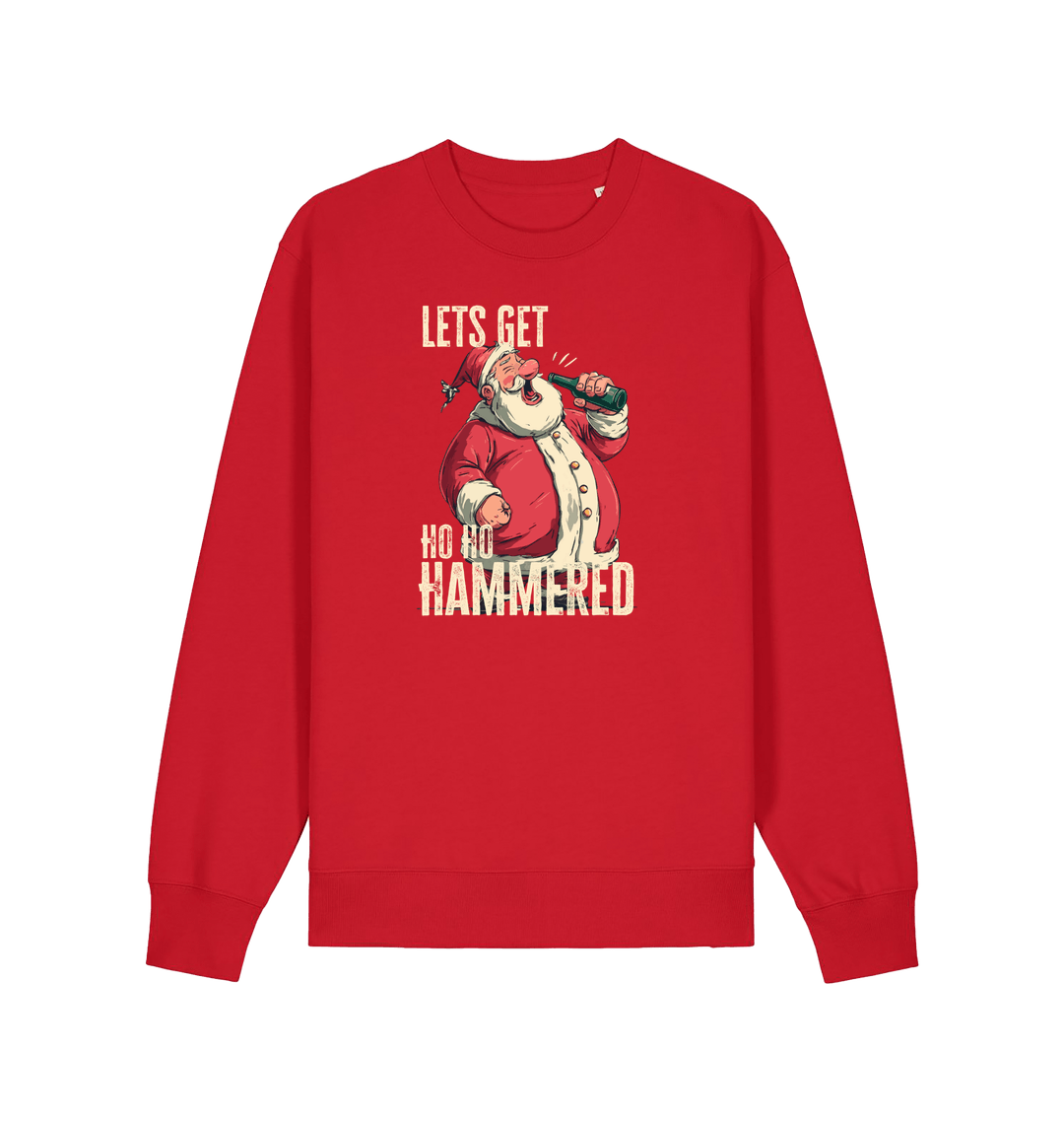 red christmas sweater with a graphic of santa drinking a beer and the slogan 'lets get ho ho hammered'