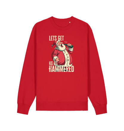 red christmas sweater with a graphic of santa drinking a beer and the slogan 'lets get ho ho hammered'