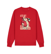 red christmas sweater with a graphic of santa drinking a beer and the slogan 'lets get ho ho hammered'
