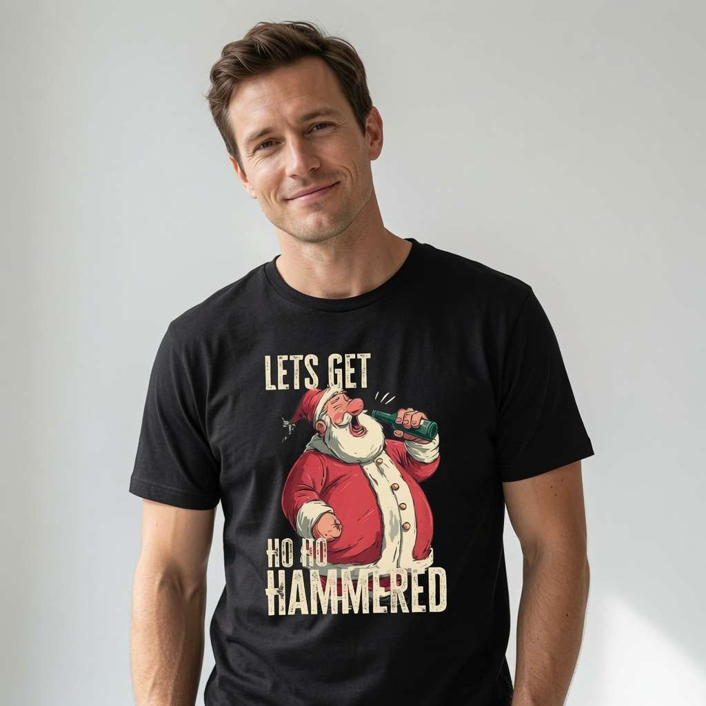 Man smiling in black Let’s Get Ho Ho Hammered tee with drinking Santa graphic, mens funny santa beer banter