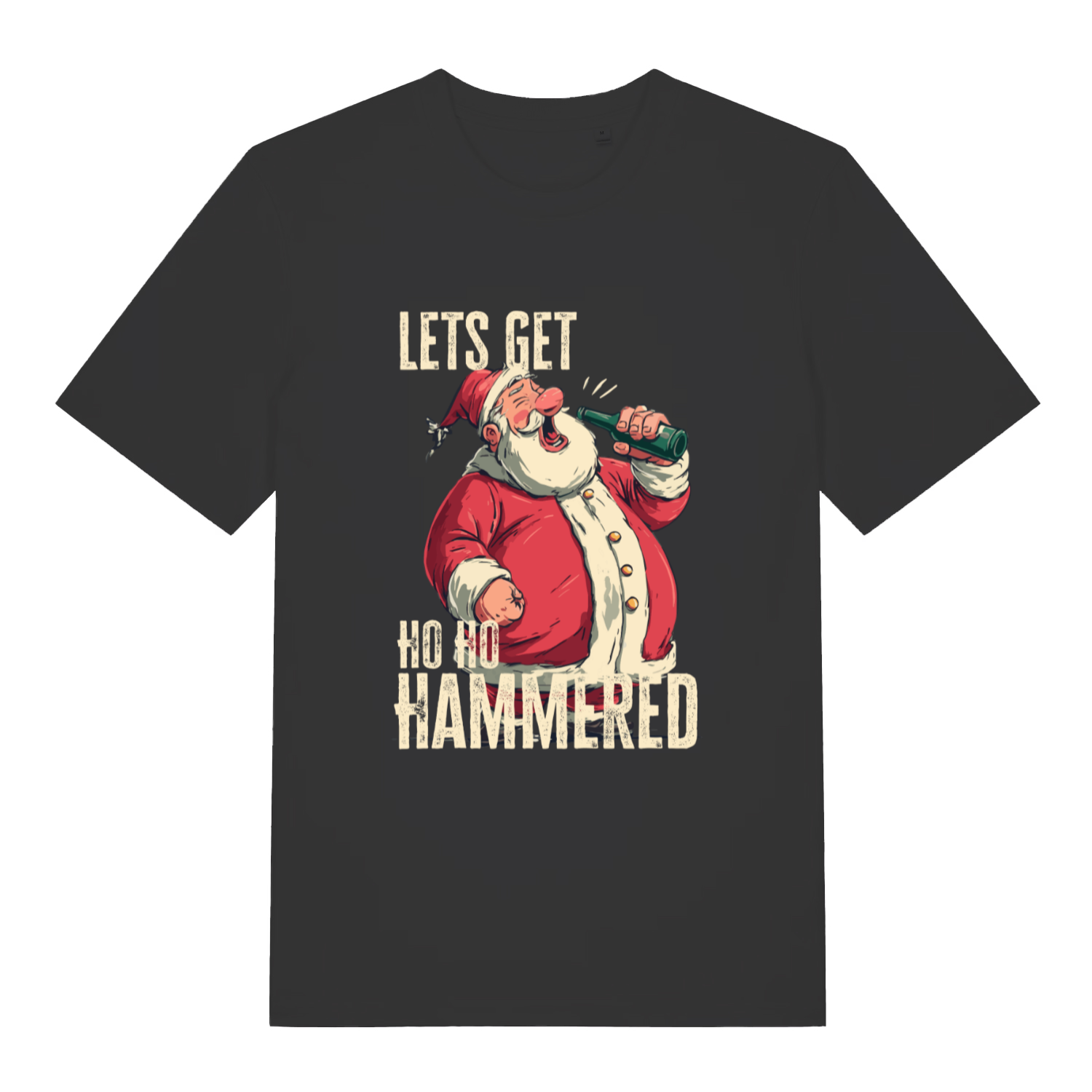 Black Ho Ho Hammered T-shirt flat lay with drunk Santa "Let's Get Ho Ho Hammered" funny Christmas graphic