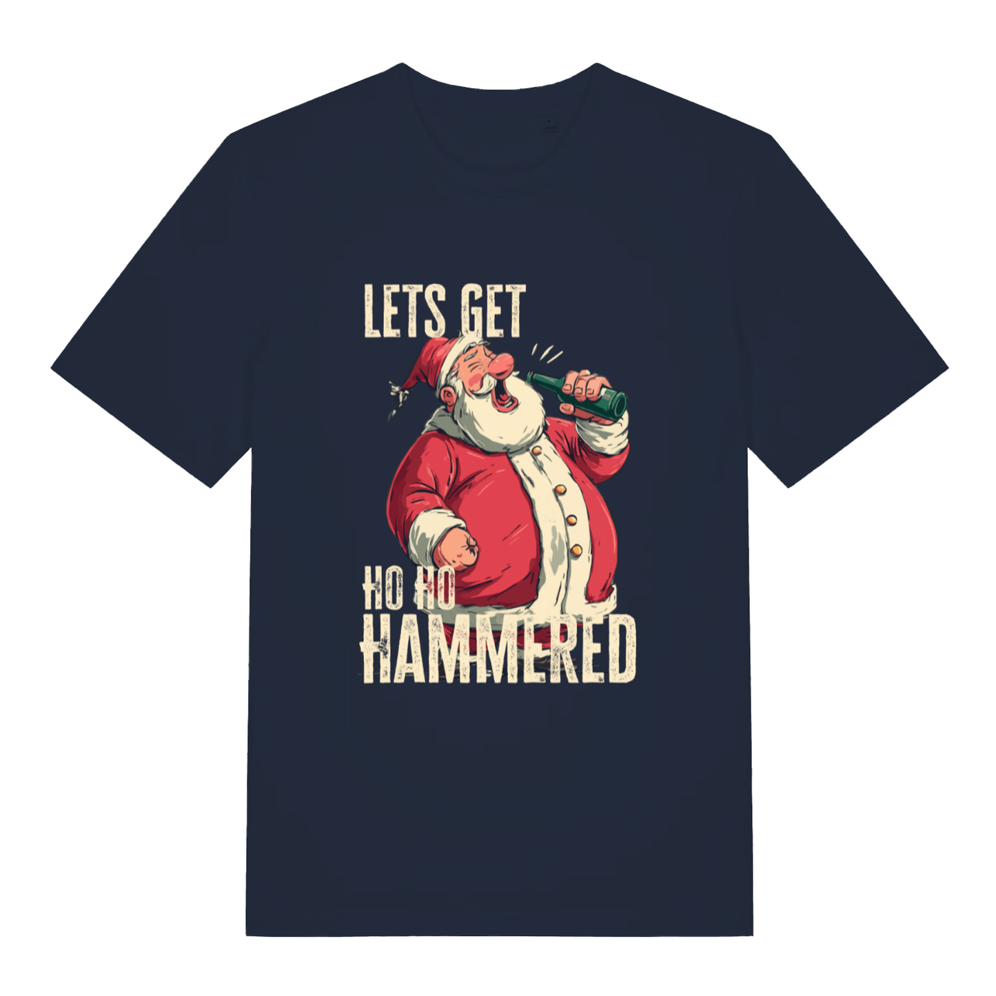 French Navy Ho Ho Hammered T-shirt flat lay featuring hammered Santa with bottle illustration
