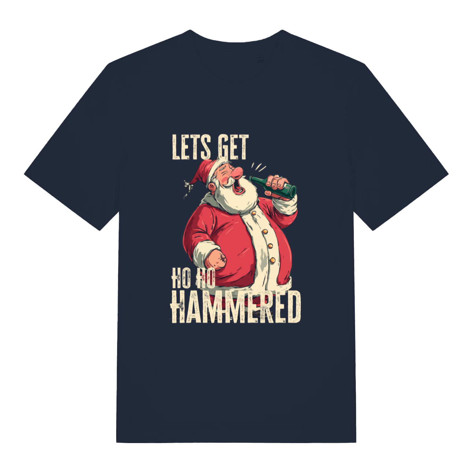 French Navy Ho Ho Hammered T-shirt flat lay featuring hammered Santa with bottle illustration