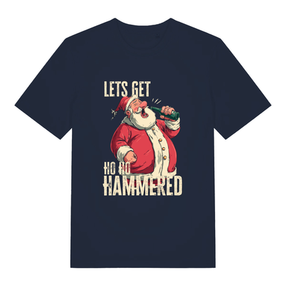 French Navy Ho Ho Hammered T-shirt flat lay featuring hammered Santa with bottle illustration