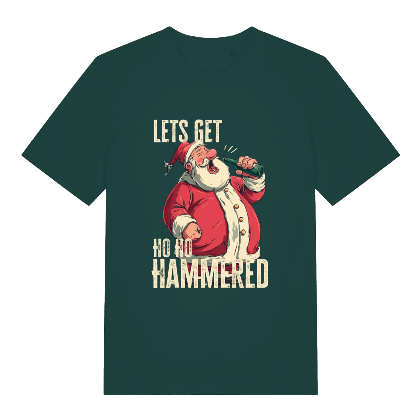 Glazed Green Ho Ho Hammered T-shirt flat lay showing humorous drunk Santa Christmas design