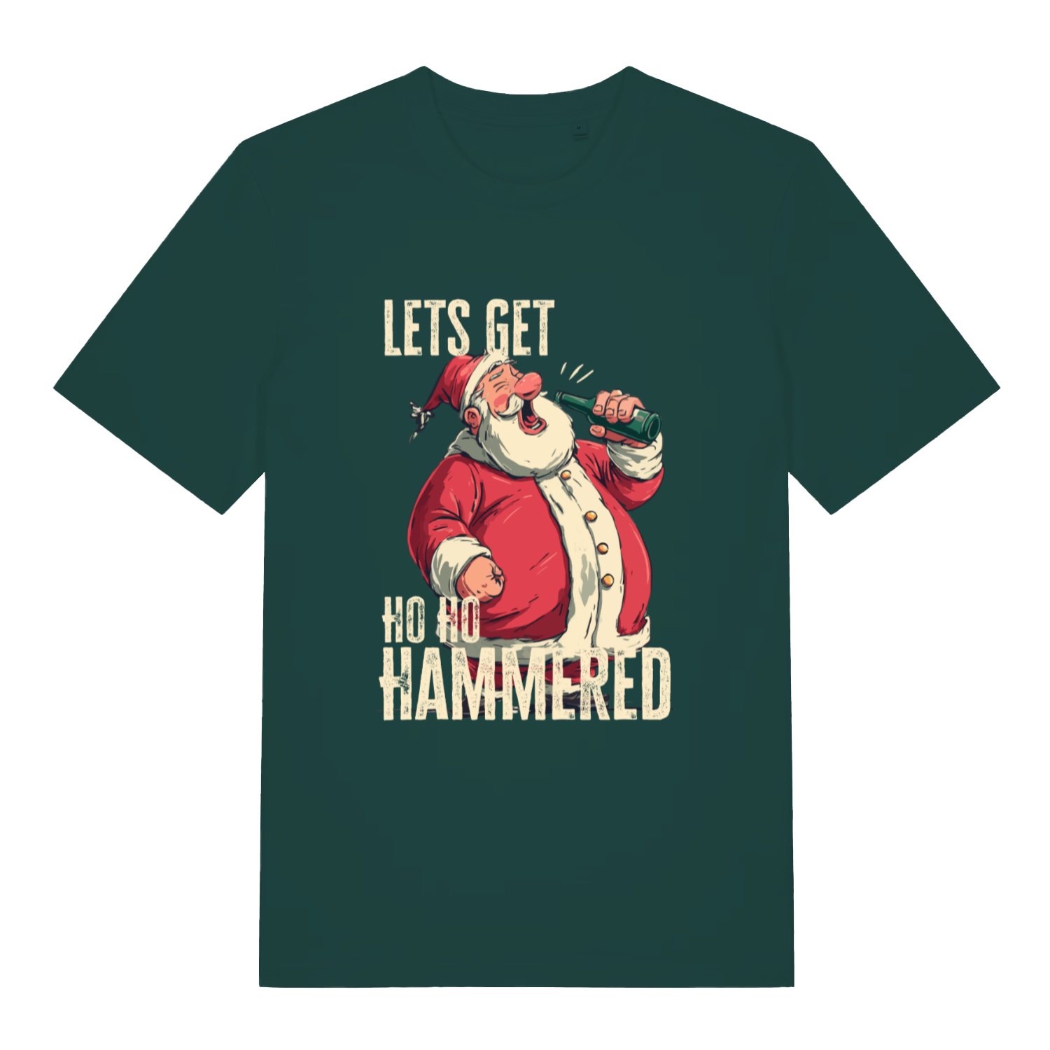 Glazed Green Ho Ho Hammered T-shirt flat lay showing humorous drunk Santa Christmas design