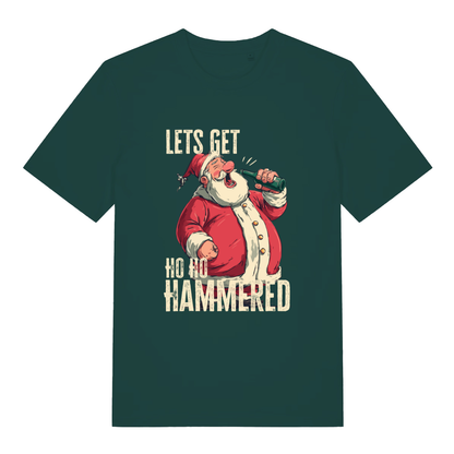 Glazed Green Ho Ho Hammered T-shirt flat lay showing humorous drunk Santa Christmas design