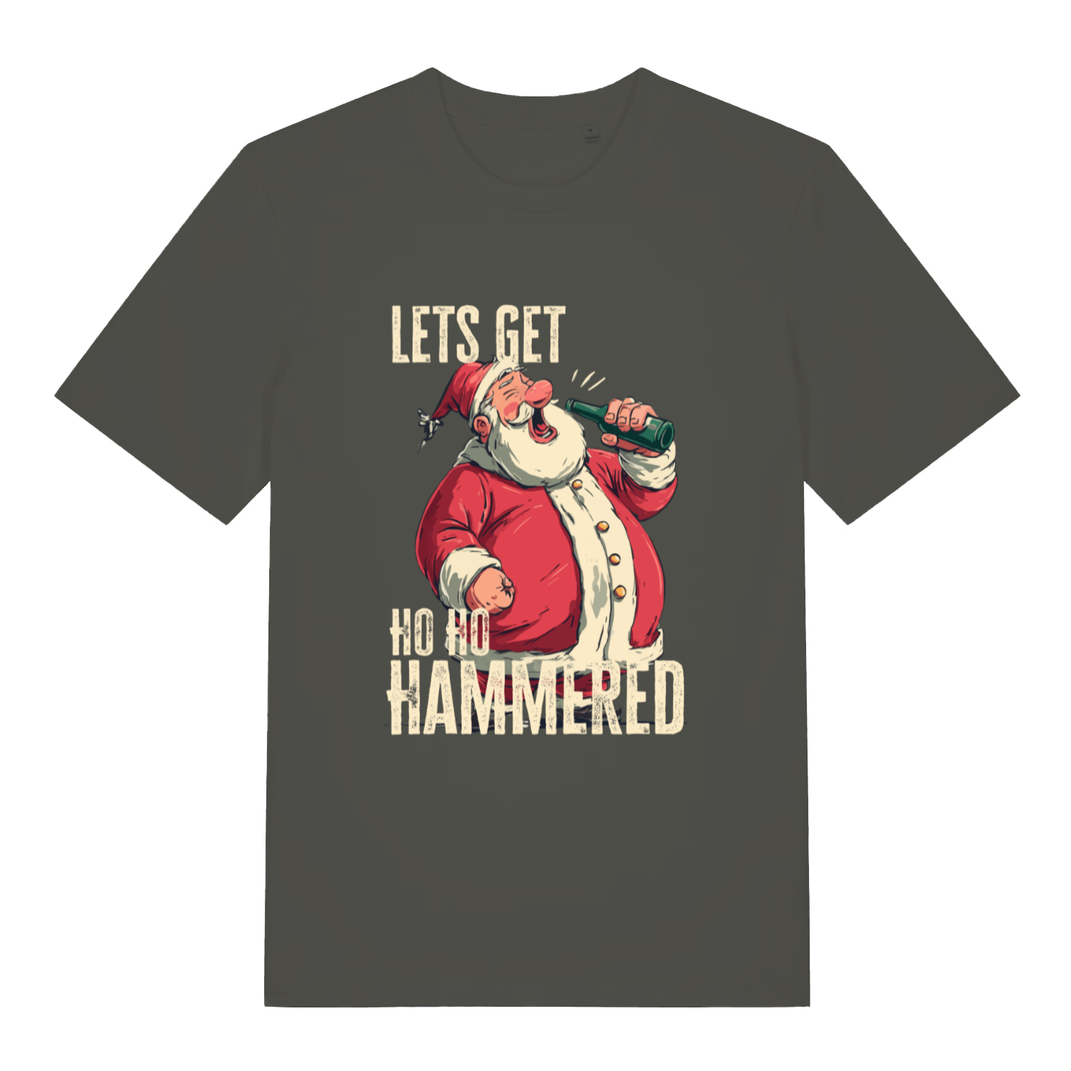 Khaki Ho Ho Hammered T-shirt flat lay with "Ho Ho Hammered" festive Santa graphic