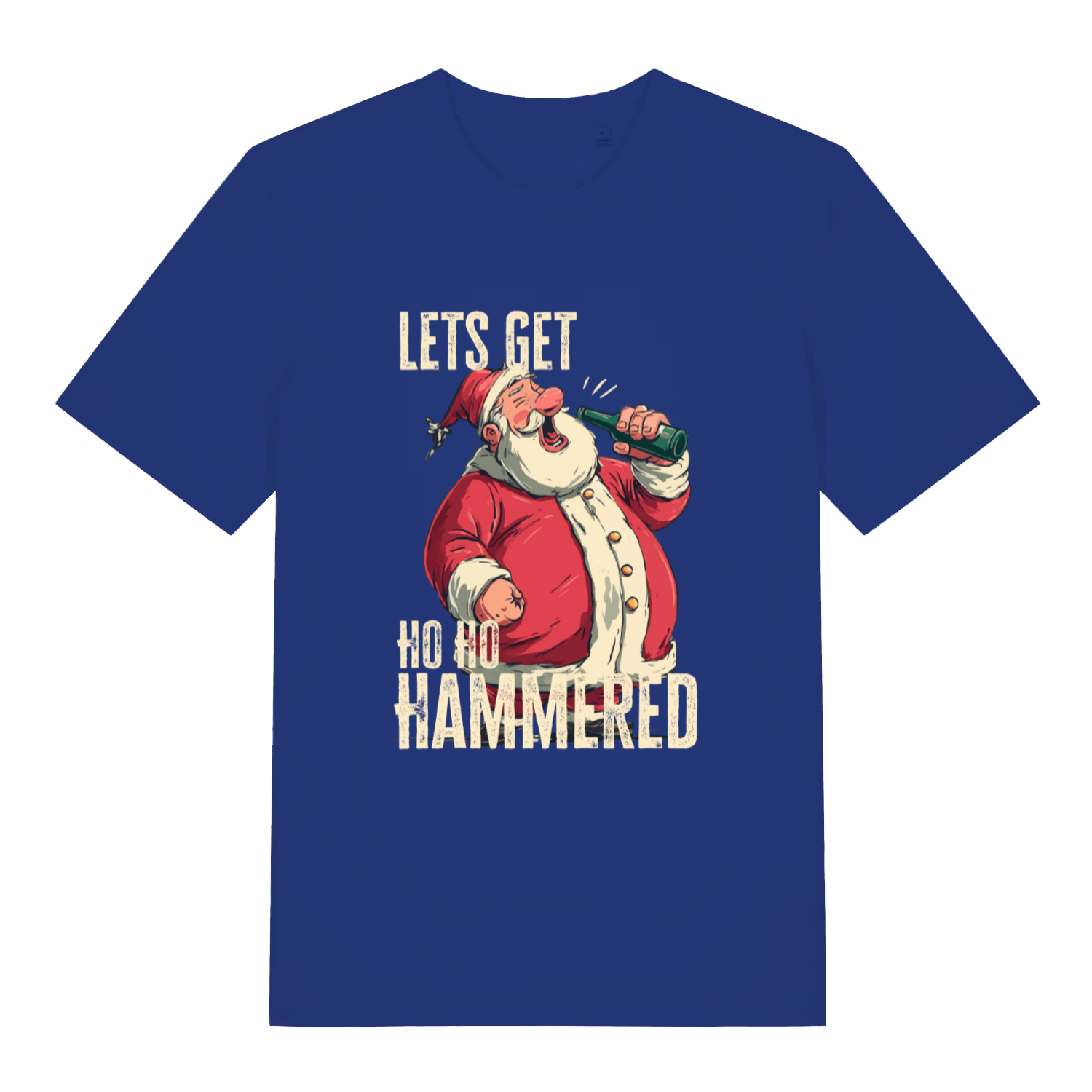 Worker Blue Ho Ho Hammered T-shirt flat lay with "Ho Ho Hammered" festive Santa graphic