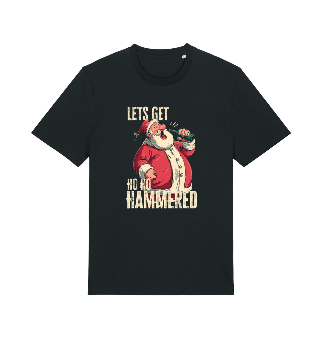 black christmas t-shirt with the graphic of santa drinking a beer and the slogan 'lets get ho ho hammered'