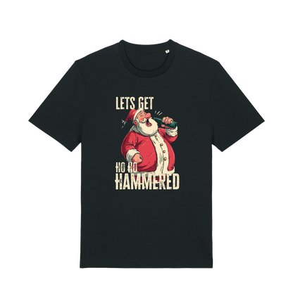 black christmas t-shirt with the graphic of santa drinking a beer and the slogan 'lets get ho ho hammered'