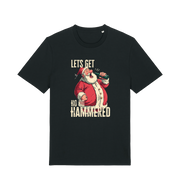 black christmas t-shirt with the graphic of santa drinking a beer and the slogan 'lets get ho ho hammered'