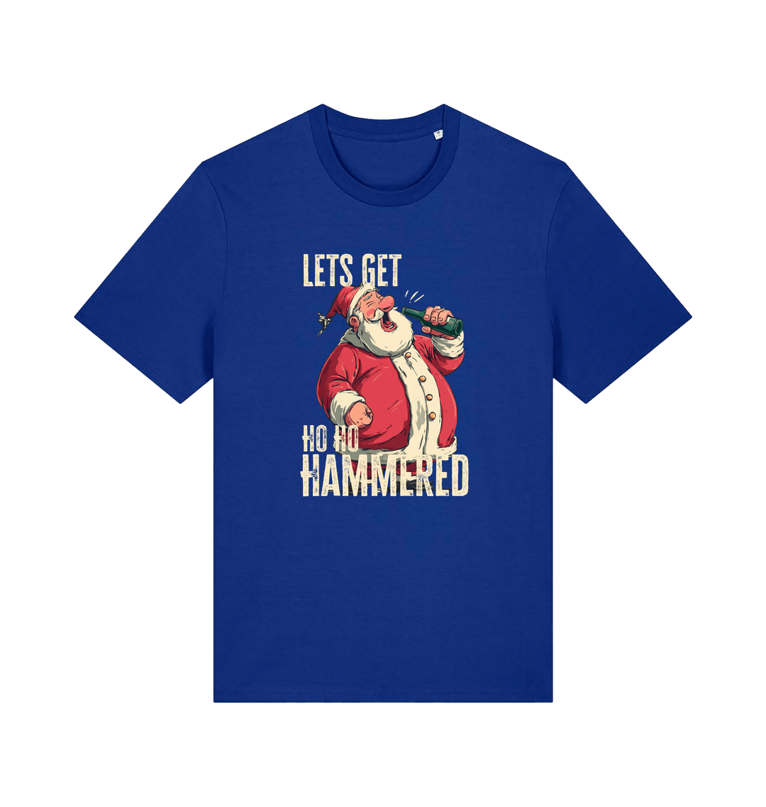 blue christmas t-shirt with the graphic of santa drinking a beer and the slogan 'lets get ho ho hammered'