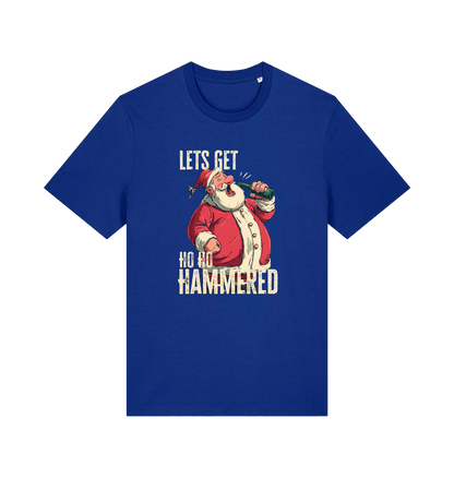 blue christmas t-shirt with the graphic of santa drinking a beer and the slogan 'lets get ho ho hammered'