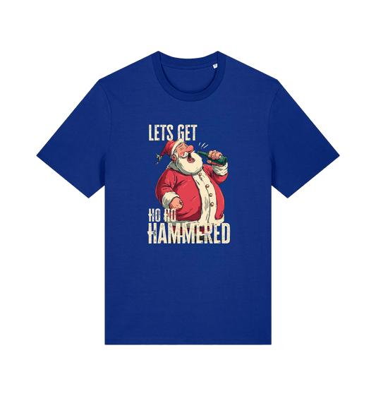 blue christmas t-shirt with the graphic of santa drinking a beer and the slogan 'lets get ho ho hammered'