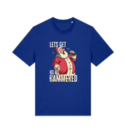 blue christmas t-shirt with the graphic of santa drinking a beer and the slogan 'lets get ho ho hammered'
