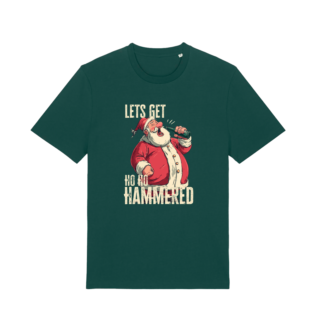 green christmas t-shirt with the graphic of santa drinking a beer and the slogan 'lets get ho ho hammered'
