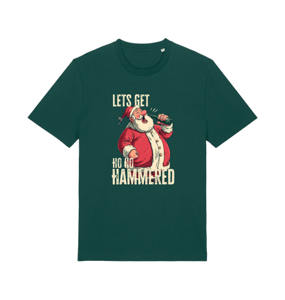 green christmas t-shirt with the graphic of santa drinking a beer and the slogan 'lets get ho ho hammered'