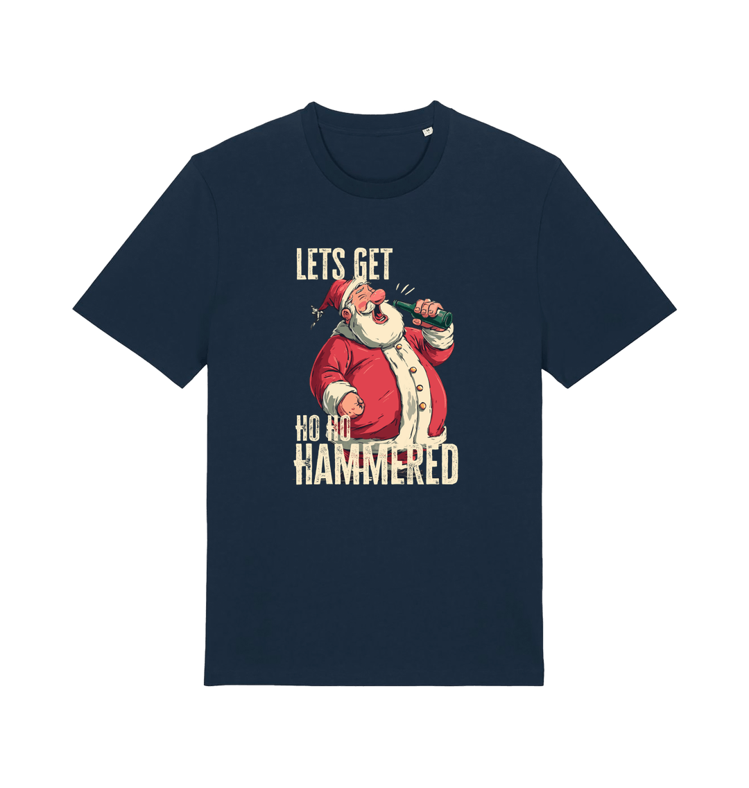 navy christmas t-shirt with the graphic of santa drinking a beer and the slogan 'lets get ho ho hammered'