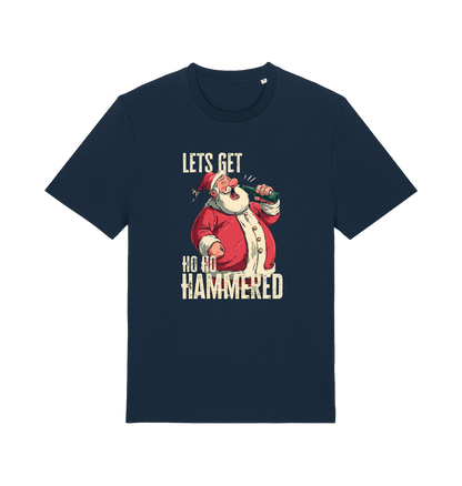navy christmas t-shirt with the graphic of santa drinking a beer and the slogan 'lets get ho ho hammered'