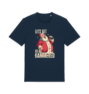 navy christmas t-shirt with the graphic of santa drinking a beer and the slogan 'lets get ho ho hammered'