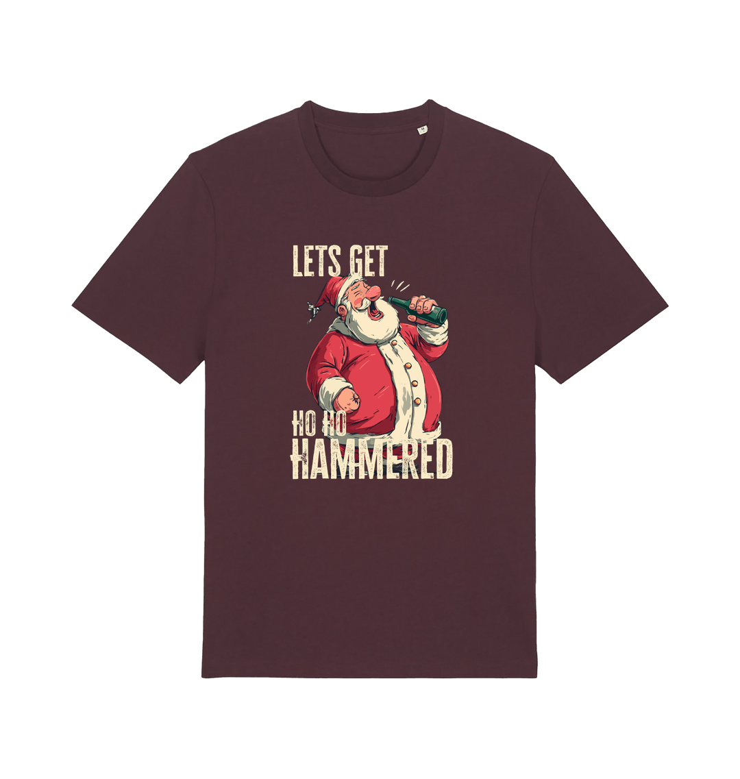red brown christmas t-shirt with the graphic of santa drinking a beer and the slogan 'lets get ho ho hammered'