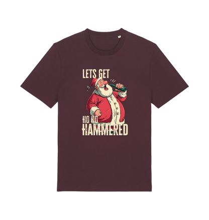 red brown christmas t-shirt with the graphic of santa drinking a beer and the slogan 'lets get ho ho hammered'