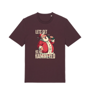 red brown christmas t-shirt with the graphic of santa drinking a beer and the slogan 'lets get ho ho hammered'