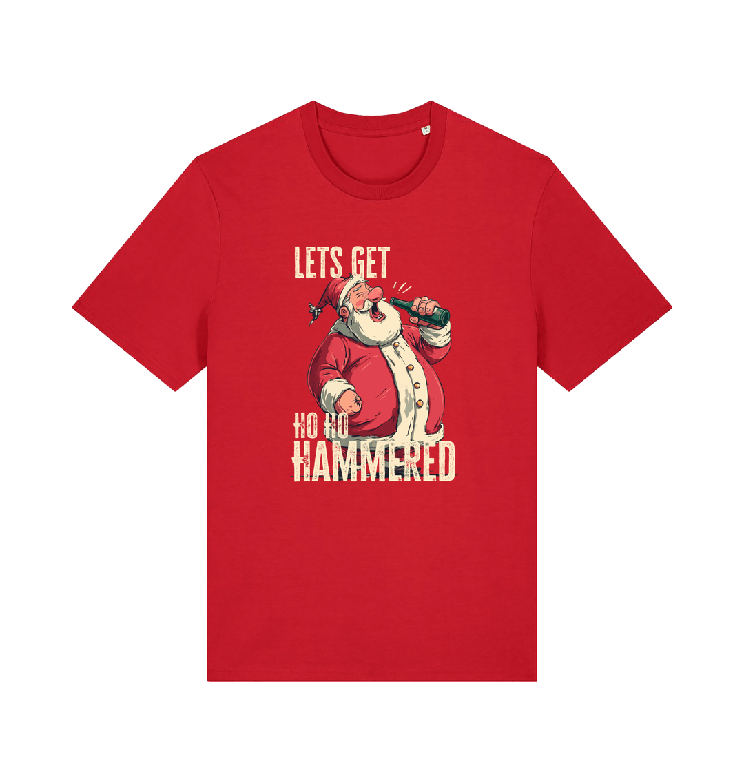 red christmas t-shirt with the graphic of santa drinking a beer and the slogan 'lets get ho ho hammered'