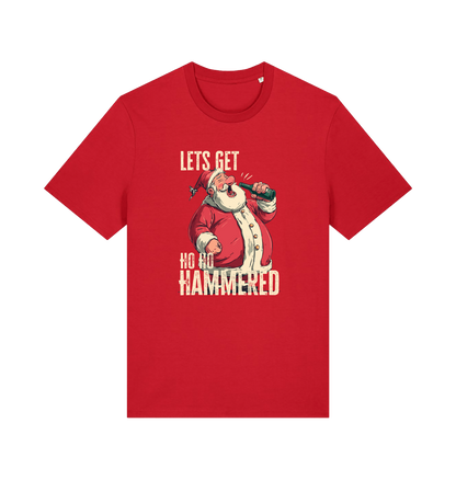 red christmas t-shirt with the graphic of santa drinking a beer and the slogan 'lets get ho ho hammered'