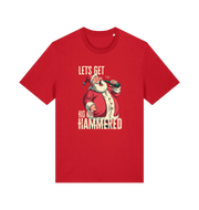 red christmas t-shirt with the graphic of santa drinking a beer and the slogan 'lets get ho ho hammered'