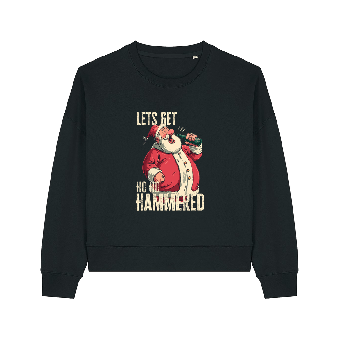 black christmas sweater with the graphic of santa drinking a beer and the slogan 'lets get ho ho hammered'