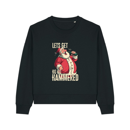 black christmas sweater with the graphic of santa drinking a beer and the slogan 'lets get ho ho hammered'