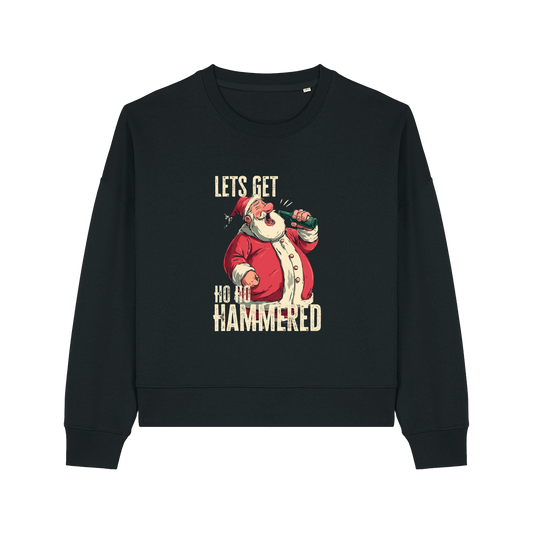 black christmas sweater with the graphic of santa drinking a beer and the slogan 'lets get ho ho hammered'