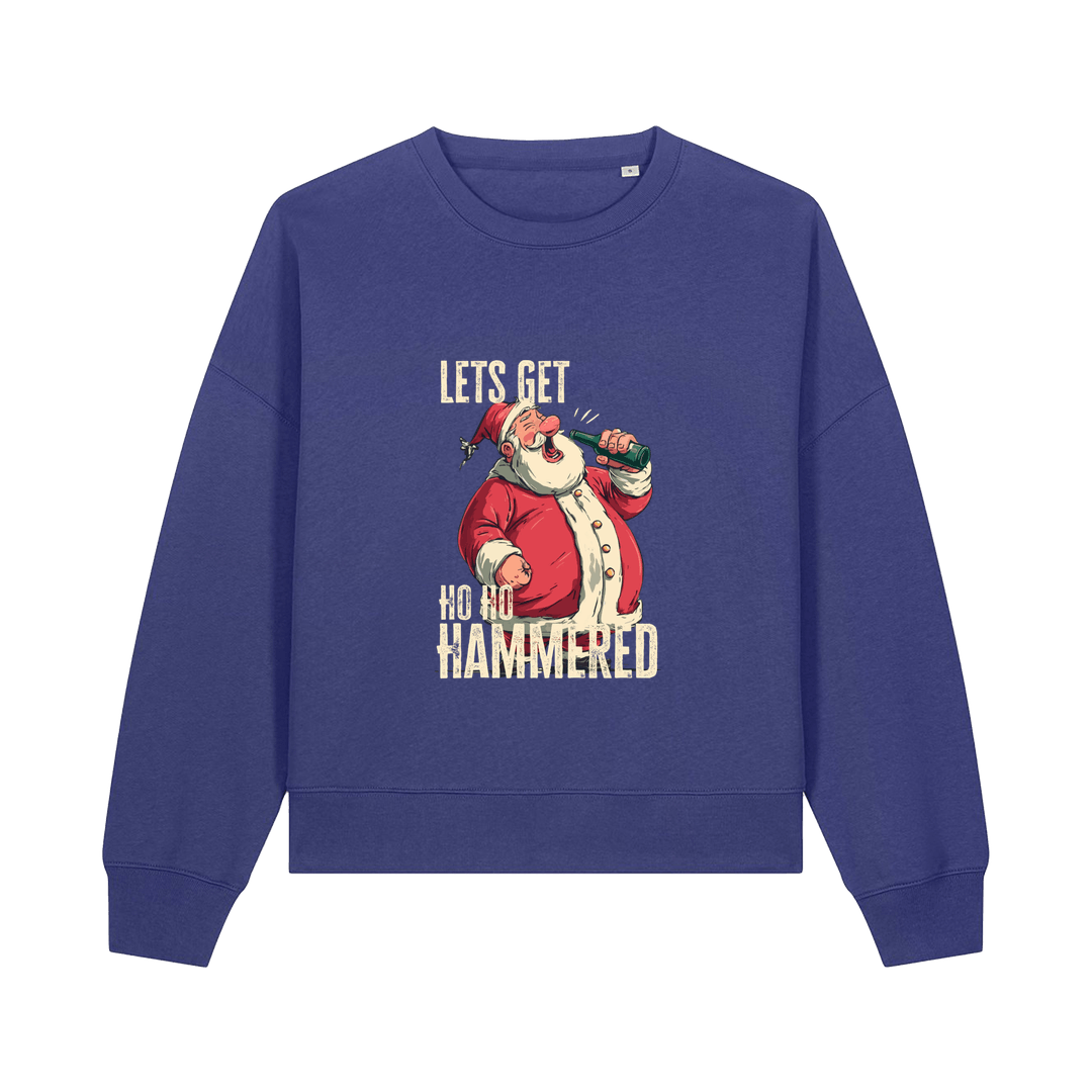 blue christmas sweater with the graphic of santa drinking a beer and the slogan 'lets get ho ho hammered'