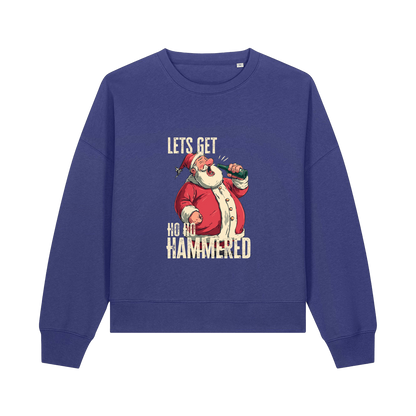 blue christmas sweater with the graphic of santa drinking a beer and the slogan 'lets get ho ho hammered'