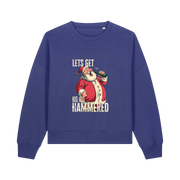 blue christmas sweater with the graphic of santa drinking a beer and the slogan 'lets get ho ho hammered'