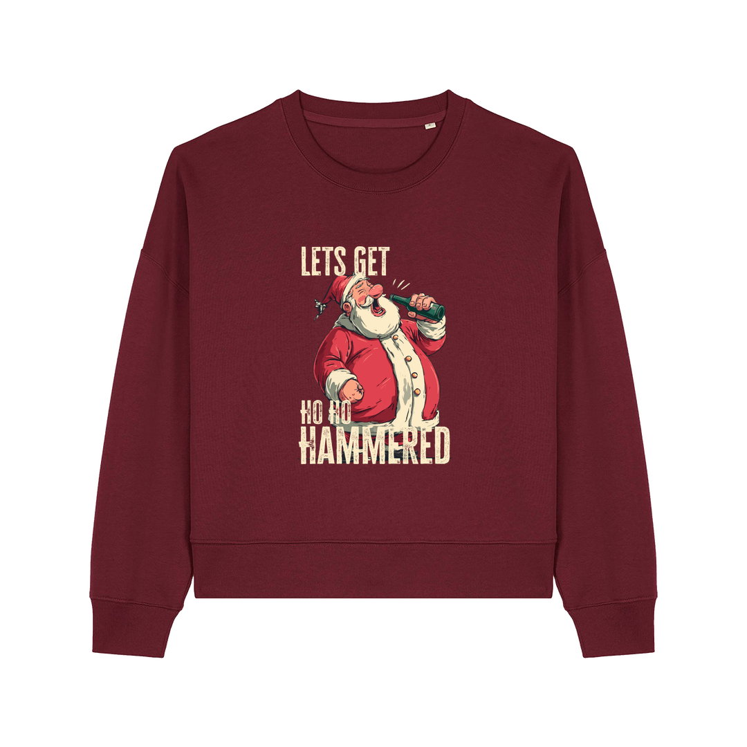 burgundy christmas sweater with the graphic of santa drinking a beer and the slogan 'lets get ho ho hammered'