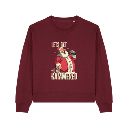 burgundy christmas sweater with the graphic of santa drinking a beer and the slogan 'lets get ho ho hammered'