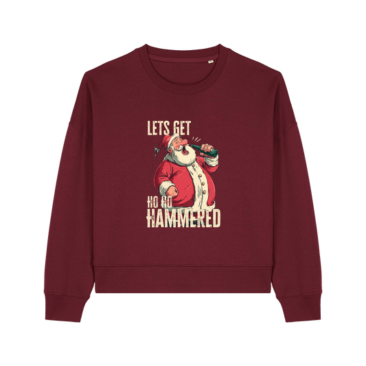 burgundy christmas sweater with the graphic of santa drinking a beer and the slogan 'lets get ho ho hammered'