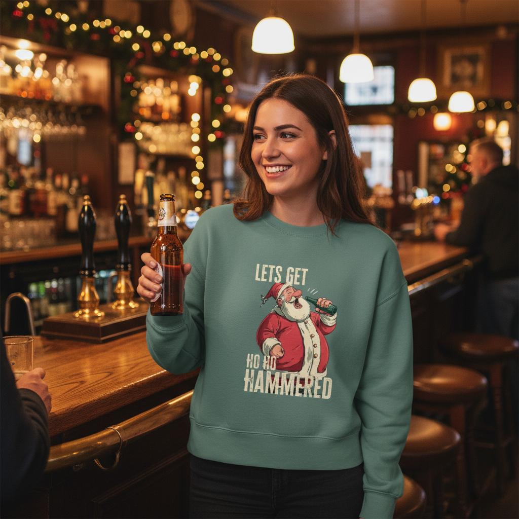 green christmas sweater with the graphic of santa drinking a beer and the slogan 'lets get ho ho hammered'