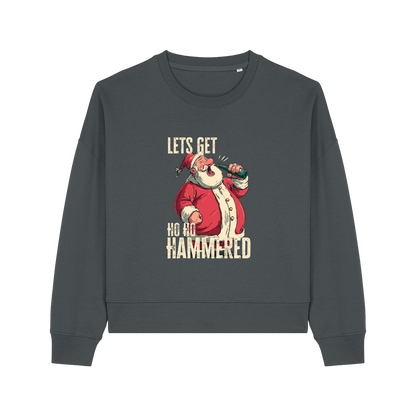 grey christmas sweater with the graphic of santa drinking a beer and the slogan 'lets get ho ho hammered'