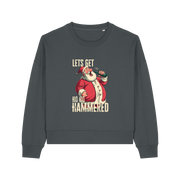 grey christmas sweater with the graphic of santa drinking a beer and the slogan 'lets get ho ho hammered'