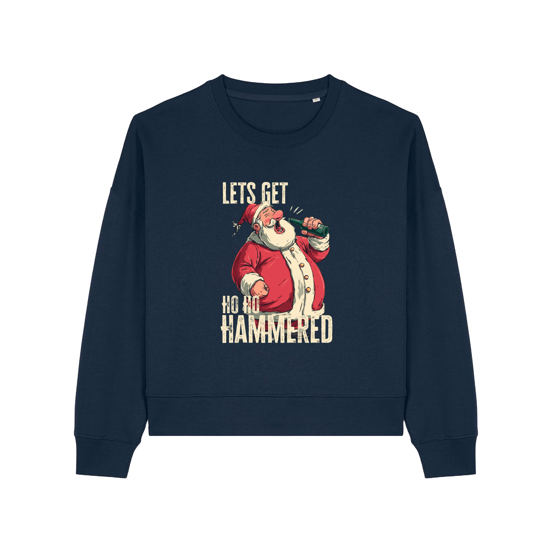 navy christmas sweater with the graphic of santa drinking a beer and the slogan 'lets get ho ho hammered'