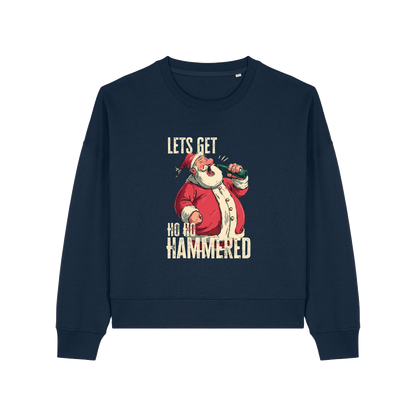navy christmas sweater with the graphic of santa drinking a beer and the slogan 'lets get ho ho hammered'