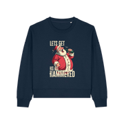 navy christmas sweater with the graphic of santa drinking a beer and the slogan 'lets get ho ho hammered'